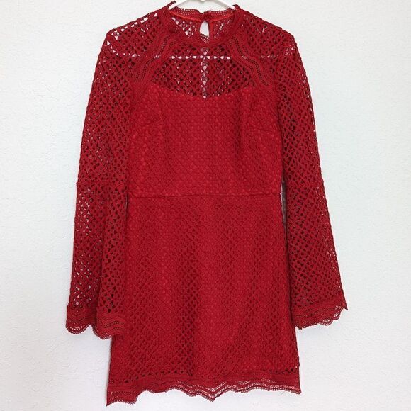 Women's Aqua Eyelet Mini Dress Red Bell Sleeve Geometric Lace Small Mock Neck - Picture 2 of 11